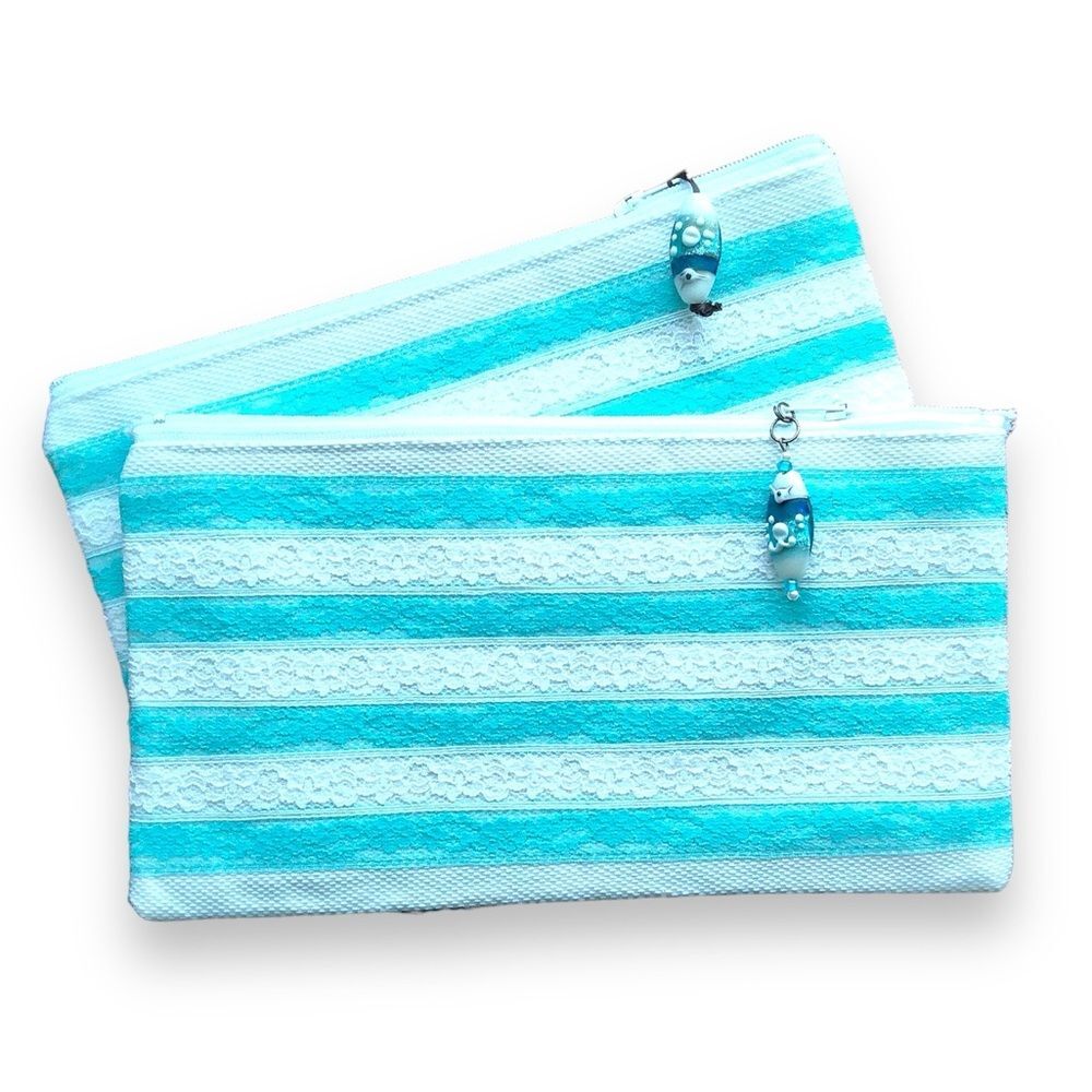 Set of 2 Blue Lace Zippered Clutch Makeup Bag Storage Pouch Pencil Case NEW